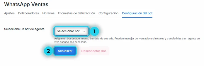 Pestaña Configuración del bot con el selector de bot y el botón Actualizar