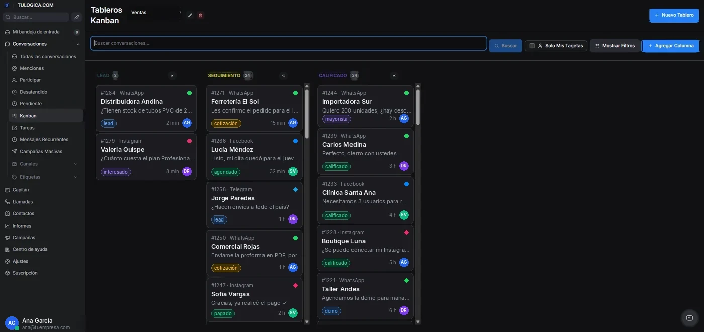 Tablero Kanban de Tulogica con conversaciones en las etapas Lead, Seguimiento y Calificado